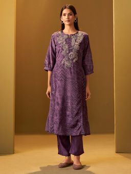 Indo Era - Women Purple Round Neck Embroidered Kurta with Pant