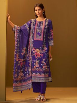 Indo Era - Women Purple Round Neck Printed Kurta with Pant and Dupatta