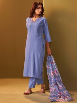 Indo Era - Women Blue V-Neck Embroidered Kurta with Pant and Dupatta