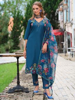 Indo Era - Women Blue V-Neck Embroidered Kurta with Pant and Dupatta