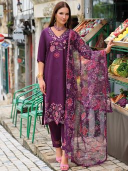 Indo Era - Women Purple V-Neck Embroidered Kurta with Pant and Dupatta