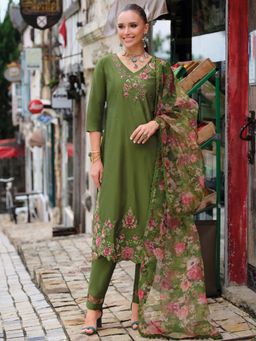 Indo Era - Women Green V-Neck Embroidered Kurta with Pant and Dupatta