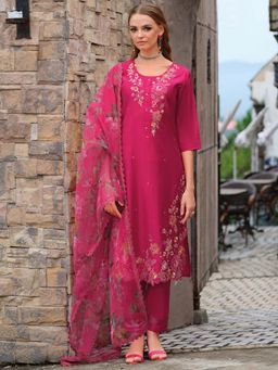 Indo Era - Women Pink Round Neck Embroidered Kurta with Pant and Dupatta