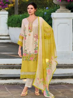 Indo Era - Women Yellow V-Neck Embroidered Kurta with Pant and Dupatta