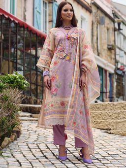 Indo Era - Women Lavender V-Neck Embroidered Kurta with Pant and Dupatta
