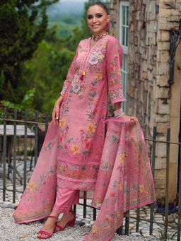 Indo Era - Women Pink V-Neck Embroidered Kurta with Pant and Dupatta
