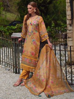 Indo Era - Women Yellow V-Neck Embroidered Kurta with Pant and Dupatta