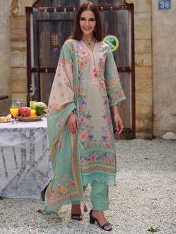 Indo Era - Women Teal V-Neck Embroidered Kurta with Pant and Dupatta