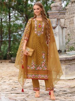 Indo Era - Women Mustard Sweetheart Embroidered Kurta with Pant and Dupatta