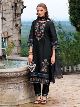 Indo Era - Women Black Round Neck Embroidered Kurta with Pant and Dupatta