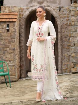Indo Era - Women Cream Round Neck Embroidered Kurta with Pant and Dupatta