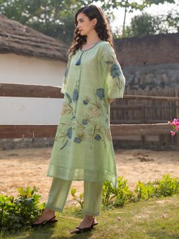 Indo Era - Women Teal Round Neck Printed Kurta with Pant