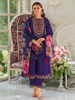 Indo Era - Women Purple Round Neck Embroidered Kurta with Pant and Dupatta