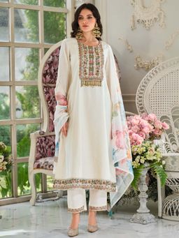 Indo Era - Women Cream Round Neck Embroidered Kurta with Pant and Dupatta