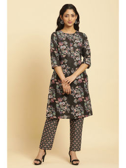 W - Black Floral Kurta and Straight Pant (Set of 2)
