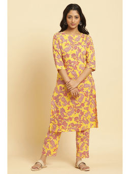 W - Yellow Floral Kurta and Straight Pant (Set of 2)