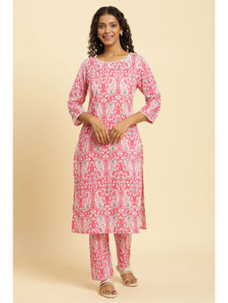 W - Pink Floral Kurta and Straight Pant (Set of 2)