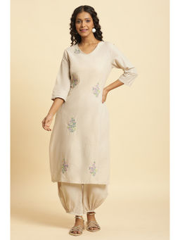 W - Beige Polka Dots Kurta and Side Gathered Pant (Set of 2)