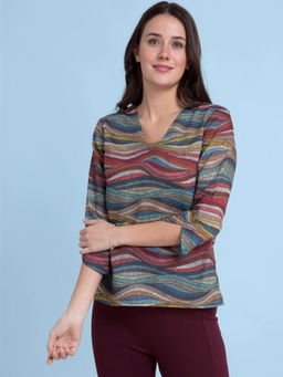 FABLE STREET - V Neck Waves Print Top - Multicolour