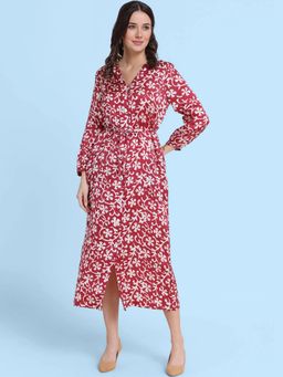 FableStreet - V Neck Floral Shift Dress- Maroon
