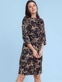 FableStreet - Boat Neck Ornamental Print Shift Dress- Black & Gold