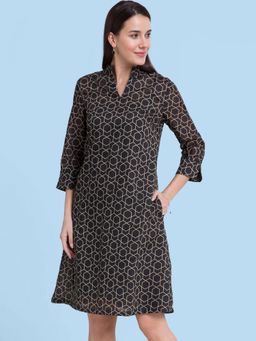 FableStreet - A-line Geometric Print Dress- Black & Gold
