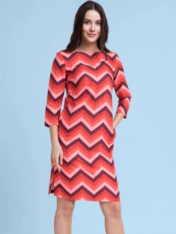 FableStreet - Red And Maroon Boat Neck Chevron Geometric Print Shift Dress