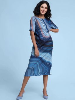 FableStreet - Blue And White Boat Neck Marble Print Shift Dress