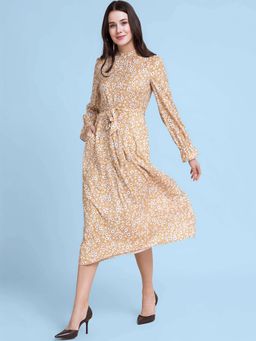 FableStreet - Mustard And White High Neck Floral A Line Dress
