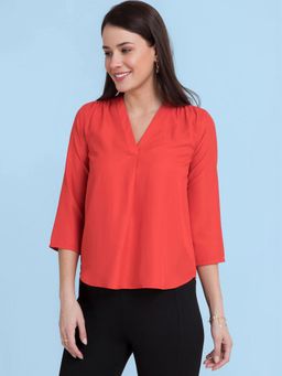 FableStreet - Coral V Neck Pleated Top