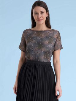 FABLE STREET - Dark Green Chanderi Drop Shoulder Foliage Print Top