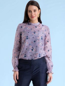 FABLE STREET - Lilac Chanderi High Neck Floral Print Ruffle Sleeve Top