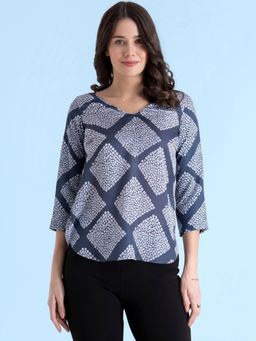 FABLE STREET - Bluish Grey V Neck Shibori Print Top