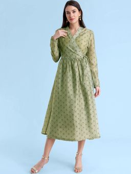 FABLE STREET - Pastel Green Angrakha Floral Print Ruffle Sleeve Midi Dress
