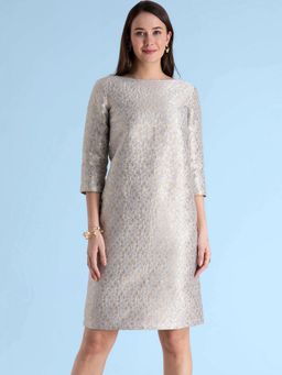 FableStreet - Grey And Golden Cotton Silk Brocade Shift Dress