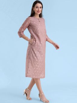FableStreet - Dusty Pink Round Neck Booti Print Dress