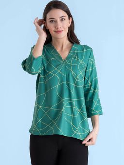 FABLE STREET - Green V Neck Geometric Line Print Top
