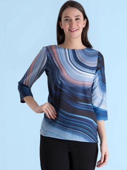 FableStreet - Blue Boat Neck Marble Print Top