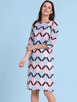 FableStreet - Multicolour Boat Neck Geometric Print Shift Dress
