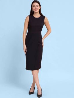 FableStreet - Black Round Neck Overlap Shift Dress