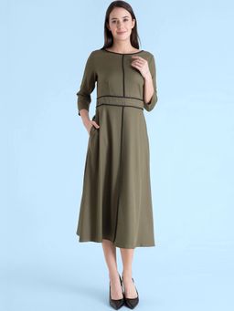 FableStreet - Olive Block Piping Detail A Line Dress
