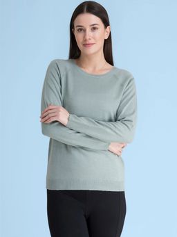 FableStreet - Sap Green Raglan Sleeve Knit Sweater