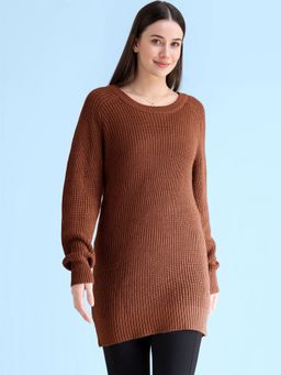 FableStreet - Rust Round Neck Tunic Sweater