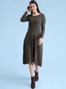 FableStreet - Olive Round Neck Knit Sweater Dress