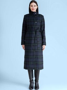 FABLE STREET - Green Plaid High Neck Wool Blend Overcoat