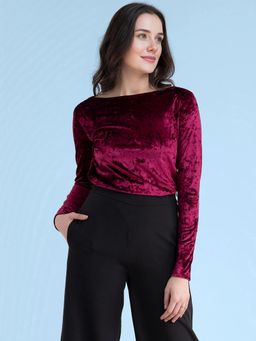FableStreet - Magenta Pink Velvet Boat Neck Top