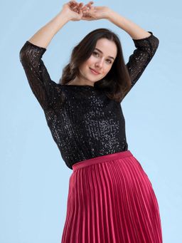 FABLE STREET - Black Sequin Net Boat Neck Top