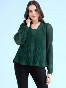 FABLE STREET - Bottle Green Georgette V Neck Pleated Top With Inner (Set of 2)