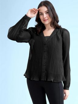 FABLE STREET - Black Georgette V Neck Pleated Top