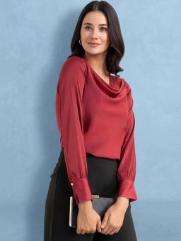 FableStreet - Maroon Satin Cowl Neck Top